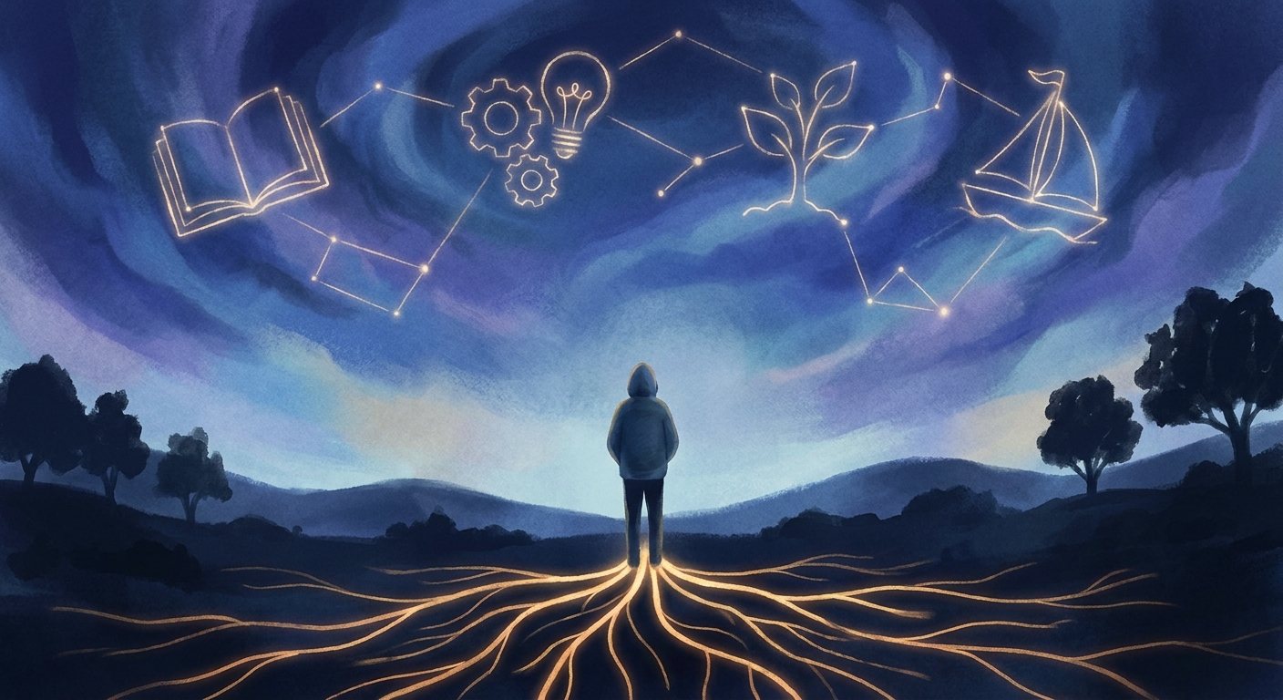 Illustration conceptuelle — un élève à la croisée des chemins, les constellations forment des voies